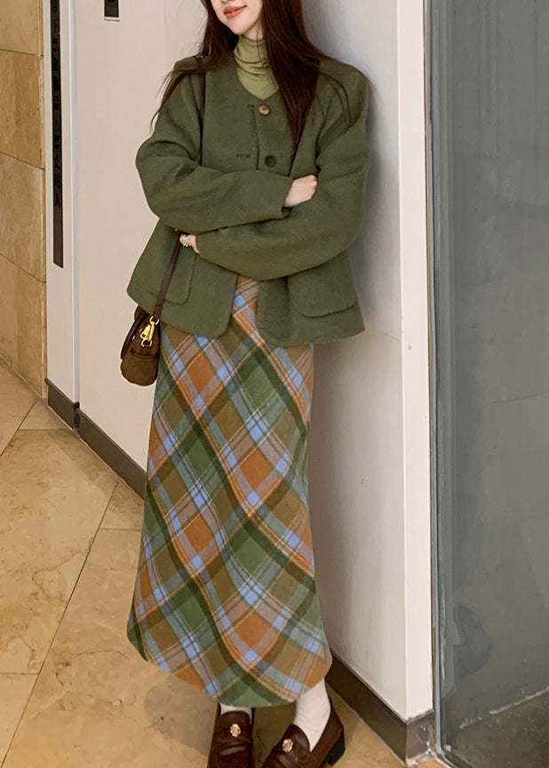 Green Pockets Woolen Coats ,top and Long Dress Three Piece Set Long Sleeve