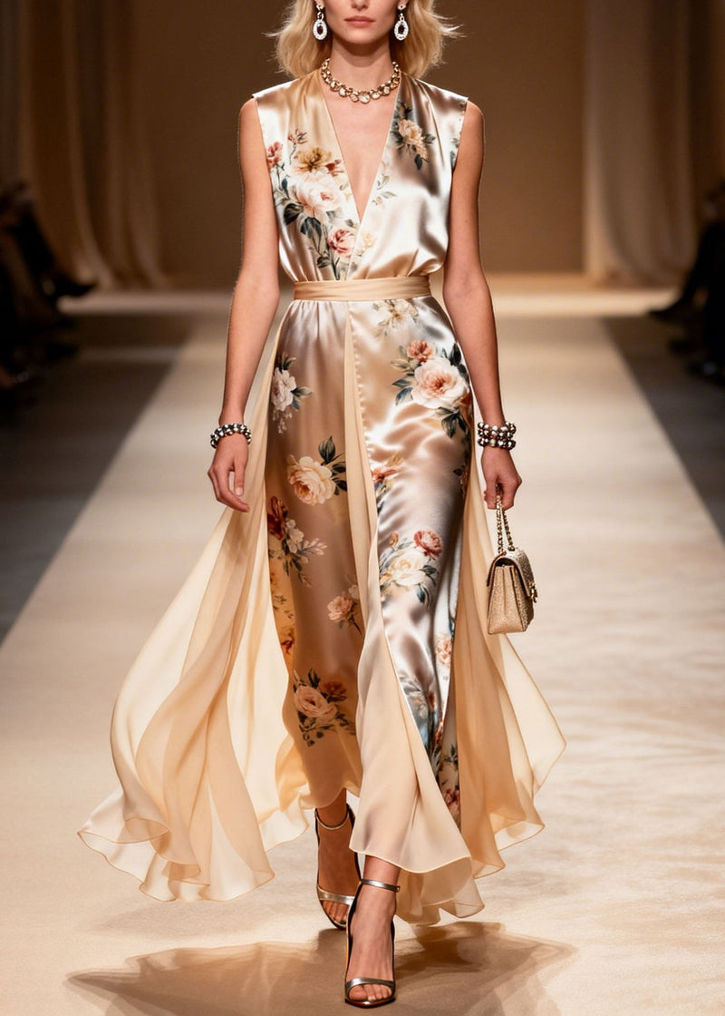 V Neck Print Patchwork Chiffon Dress Sleeveless