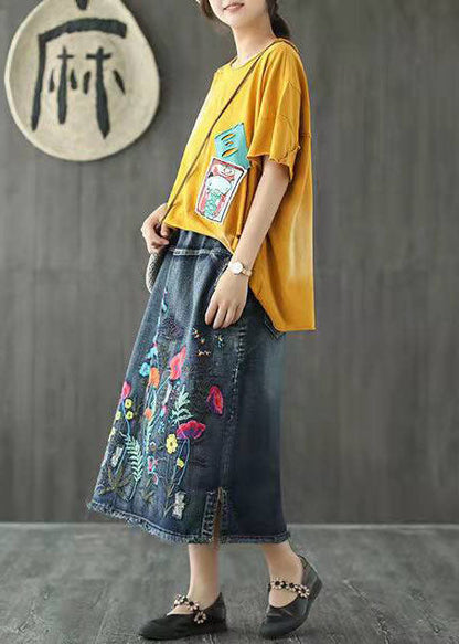 Dark Blue Embroideried Tasseled a Line Summer Skirts Denim