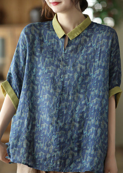 Navy Peter Pan Collar Print Ramie Top Summer