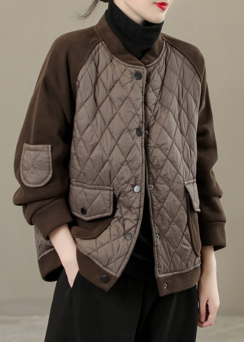 French Coffee O-neck Patchwork Button Thick Coats Long Sleeve