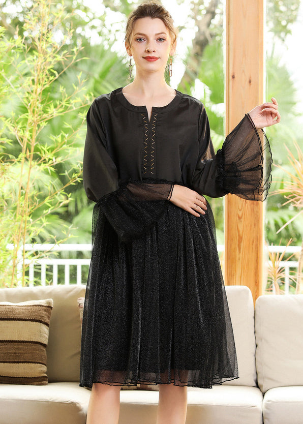 Silvery Sequins Exra Large Hem Patchwork Chiffon a Line Dress Spring