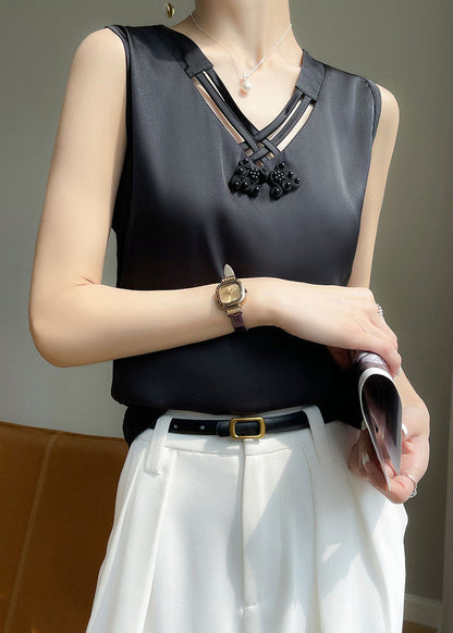 Black V Neck Hollow Out Silk Tank Sleeveless