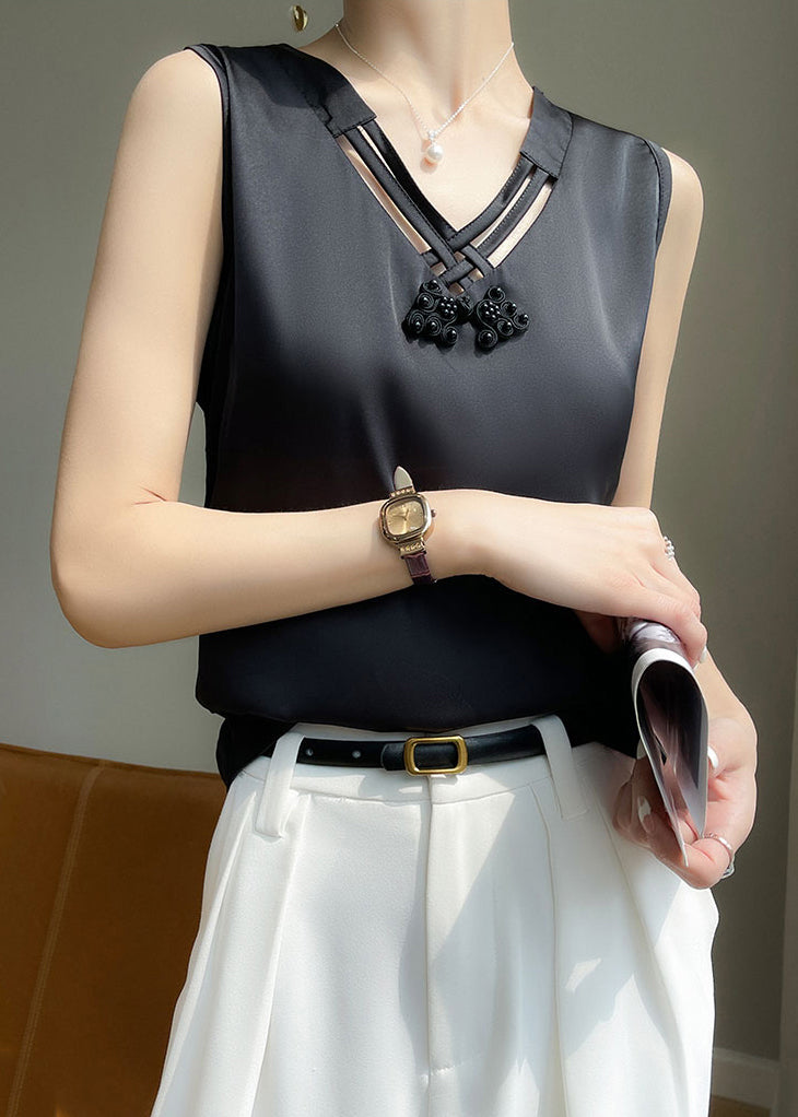 Black V Neck Hollow Out Silk Tank Sleeveless