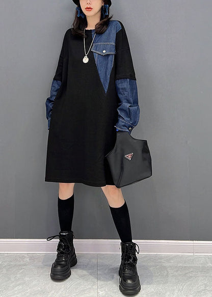 Black O-neck Denim Patchwork Cotton Robe Dresses Fall