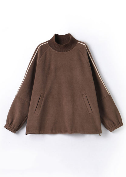 Khaki Striped Patchwork Drawstring Thick Pullover Fall