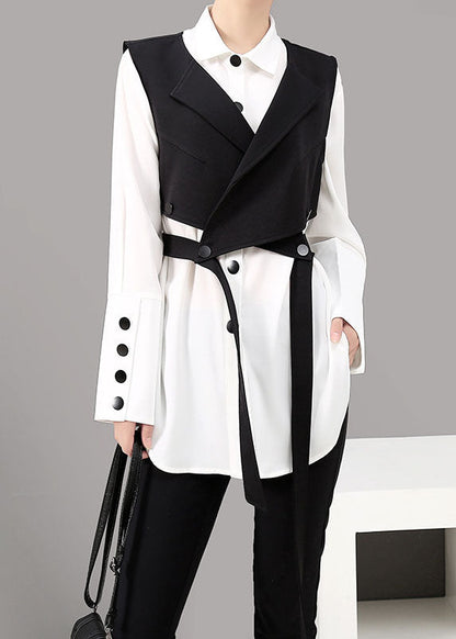 Loose Black Peter Pan Collar Button Shirt Vest Two Piece Suit Set Spring