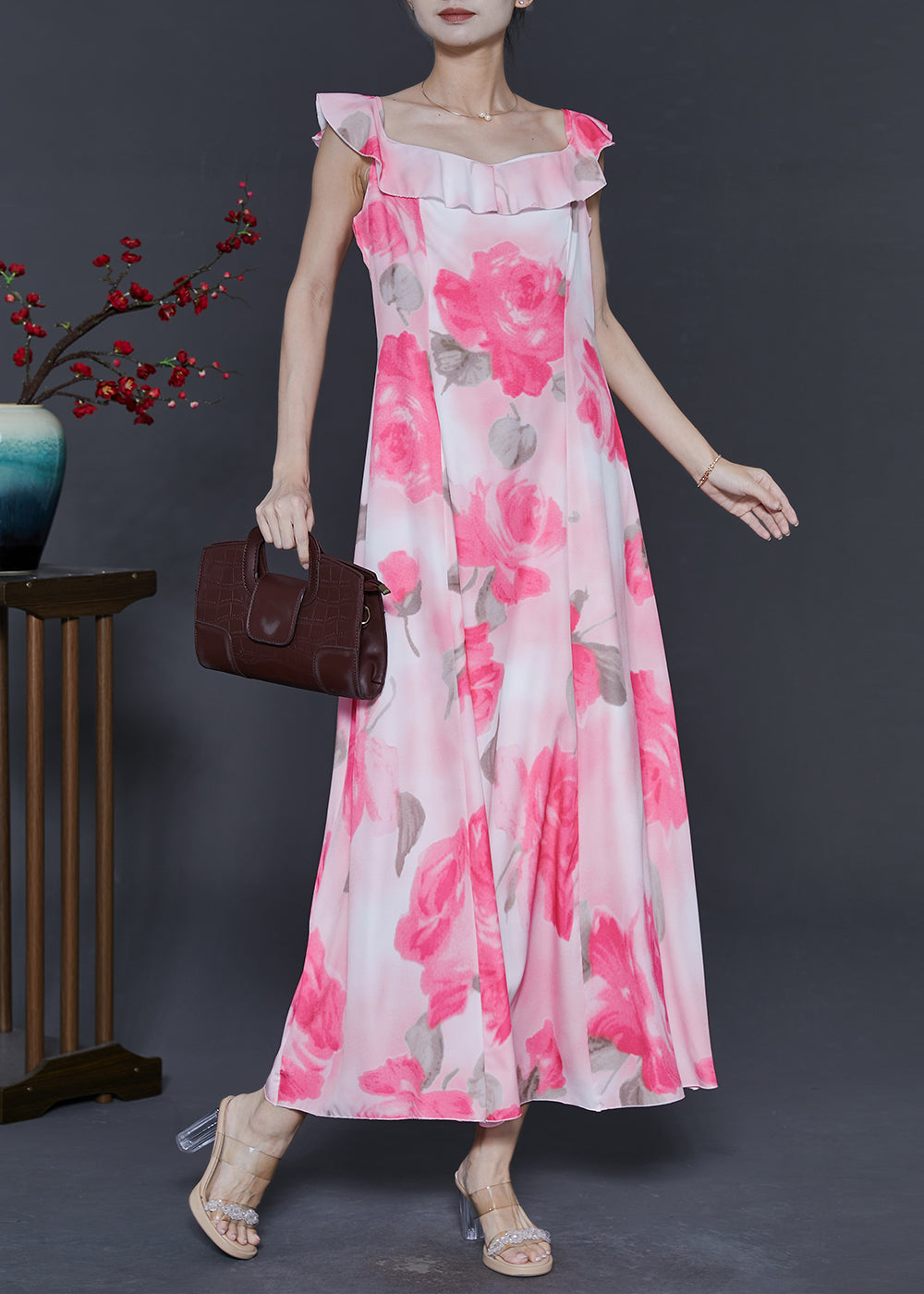 Pink Print Chiffon Long Dress Summer