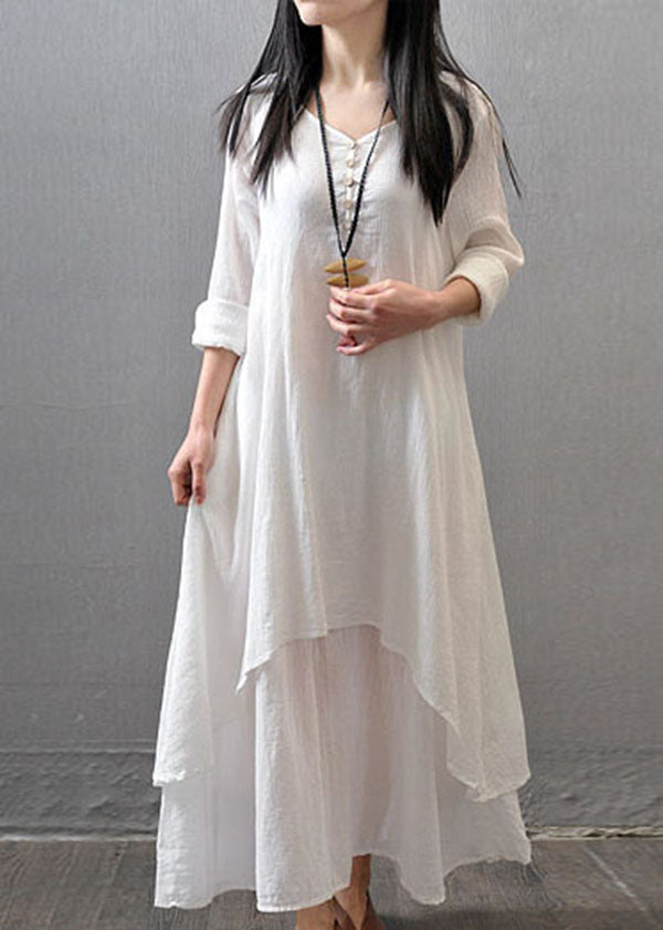 Long Sleeve Double Layers Button Asymmetric Maxi Dress