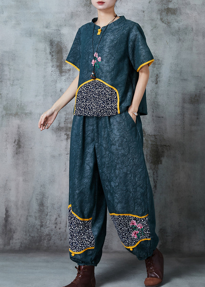 Green Embroidered Patchwork Oriental Two-piece Set Summer
