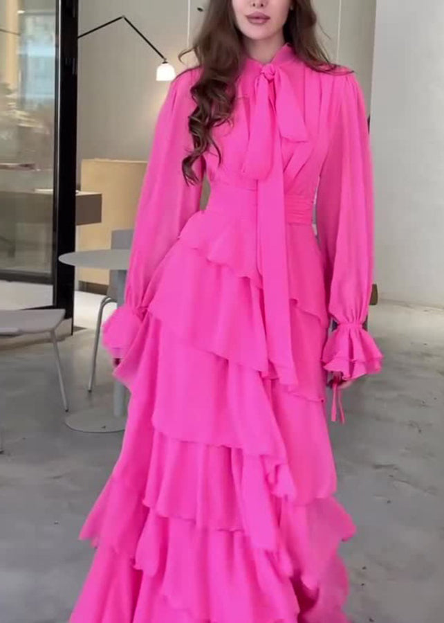 Rose Bow Ruffled Patchwork Chiffon Long Dress Fall
