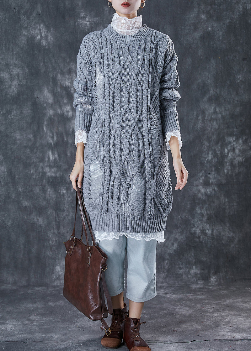 Grey Hollow Out Knit Ripped Sweater Dress Winter