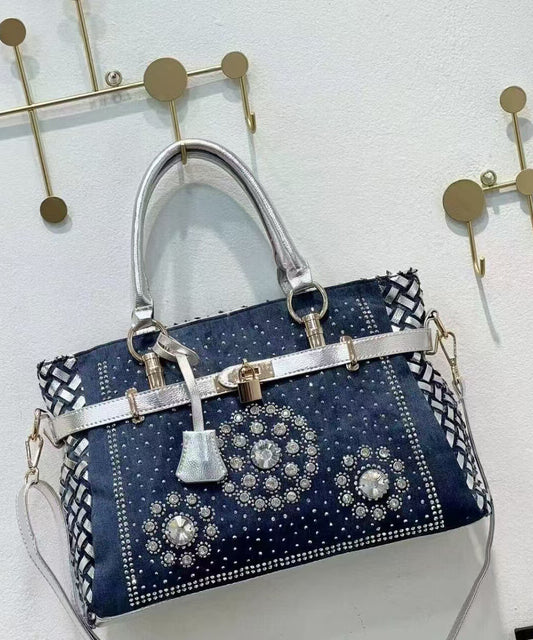 Navy Rhinestone Large Capacity Denim Tote Handbag