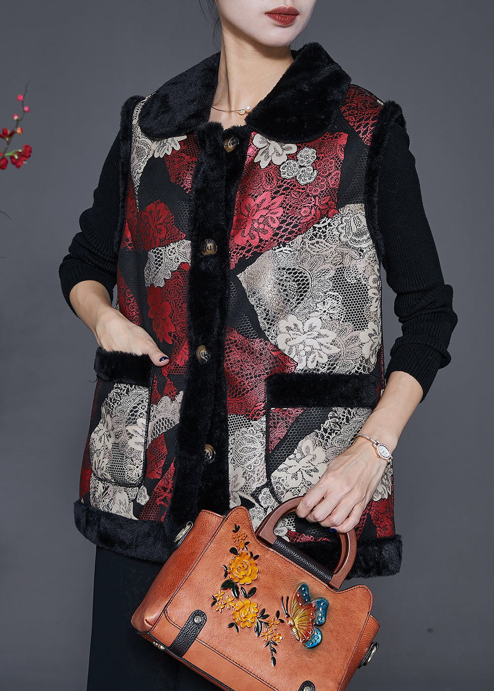 Red Print Thick Fine Cotton Filled Vests Winter