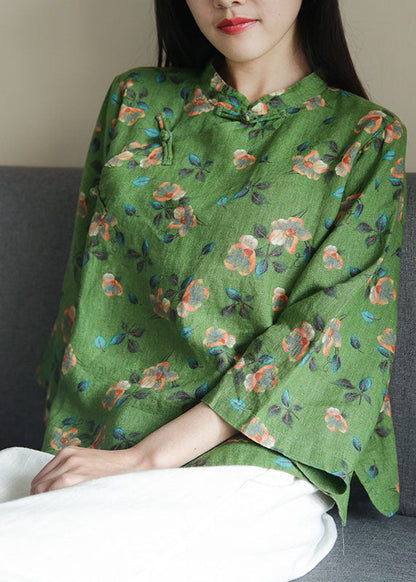 Green Print Mandarin Collar Oriental Button Linen Top Spring