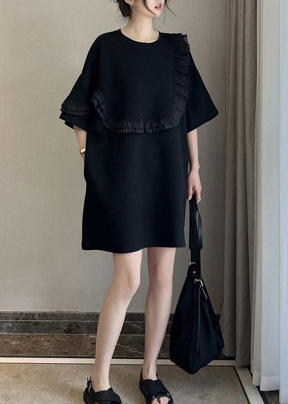 Stylish Black O-neck Ruffled Patchwork Mid Dresses Short Sleeve