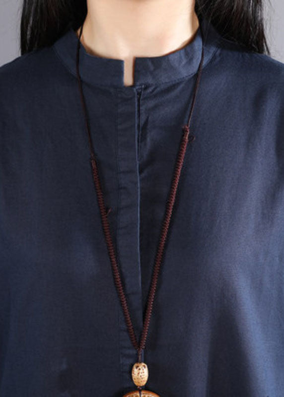 Diy Navy Stand Collar Asymmetrical Design Button Cotton Long Shirt Short Sleeve