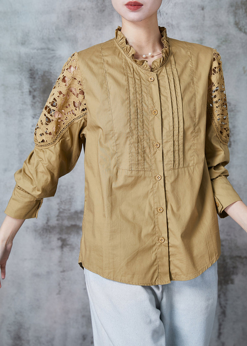 Fine Khaki Ruffled Patchwork Cotton Blouse Tops Summer