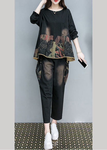 Black O-neck Print Top and Pants Two Pieces Set Fall