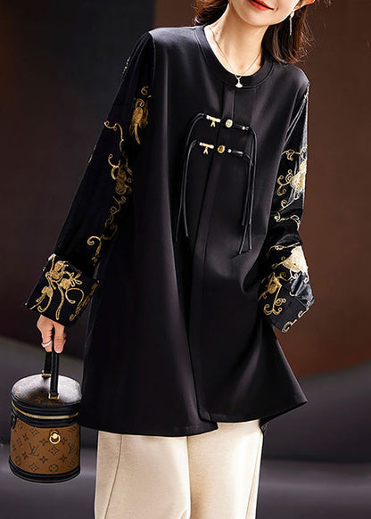 New Black O-neck Embroideried Silk Velour Patchwork Top Long Sleeve