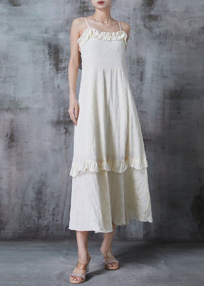 Apricot Ruffled Wrinkled Cotton Spaghetti Strap Dress Summer
