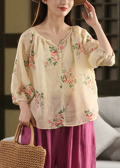 Loose Apricot Print Button Thin Linen Blouses Summer