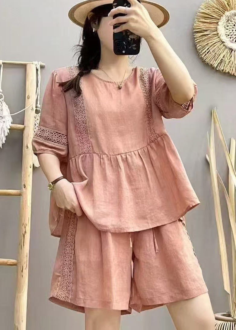 Style Pink Oversized Patchwork Linen Sets 2 Pieces Summer