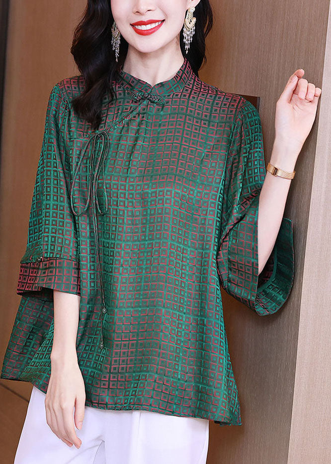Green Stand Collar Oriental Button Plaid Jacquard Silk Shirt Tops Bracelet Sleeve