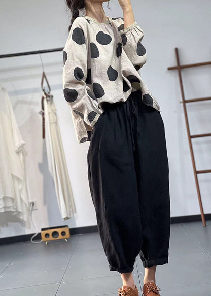 Beige Oversized Dot Print Linen Shirts Fall