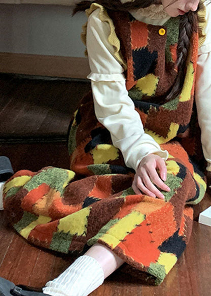 Colorblock Ruffled Patchwork Cotton Knit Long Sweaters Dress Fall
