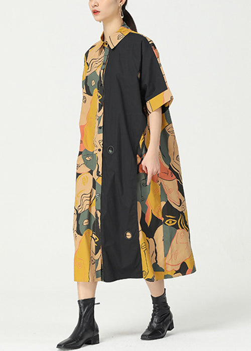 Khaki Print Pockets Patchwork Cotton Shirts Dress Short Sleeve