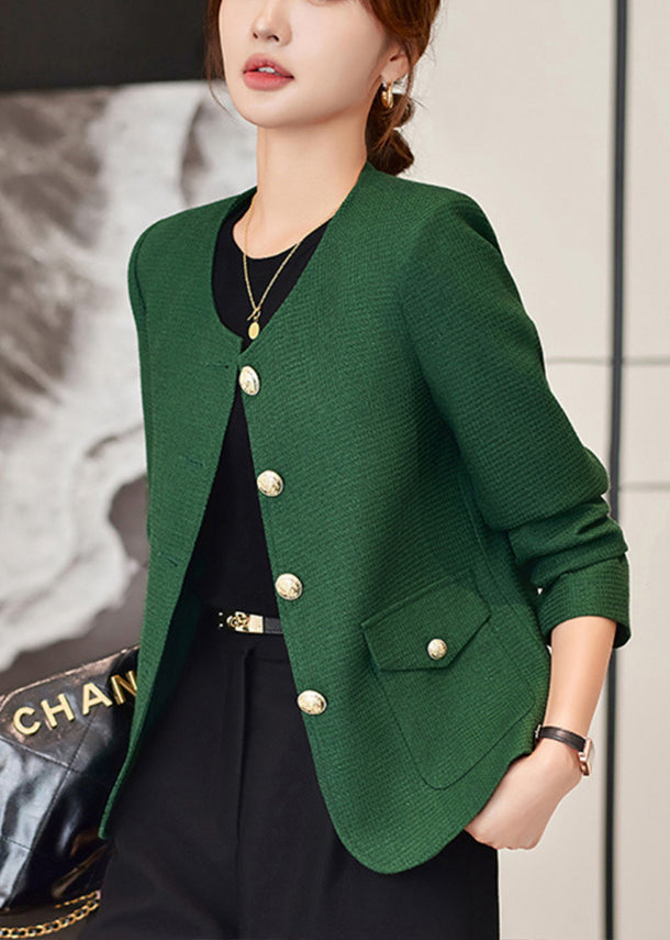 Dark Green O-neck Golden Buttons Cotton Coats Spring