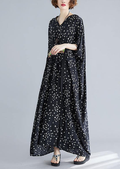 Art Black Print Cotton Cinched Summer Maxi Dress