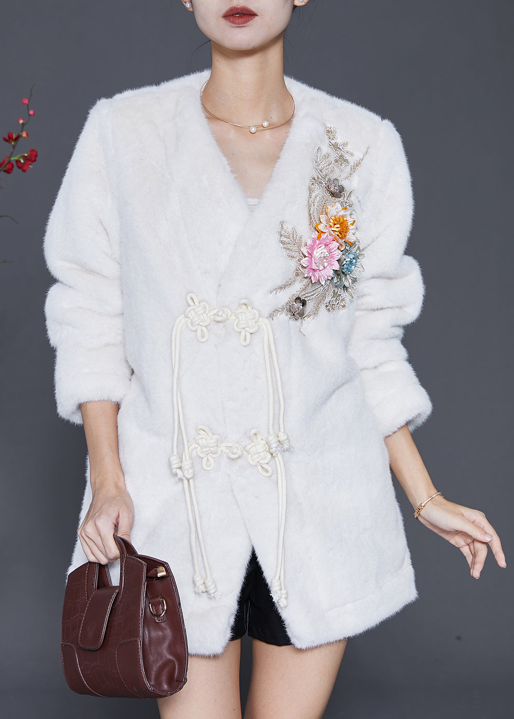 White Chinese Button Faux Fur Jackets Winter