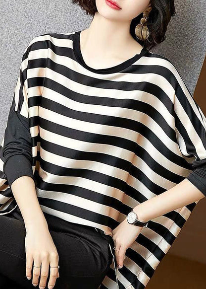 Black Striped O-neck Oversized Patchwork Silk Tops Batwing Sleeve