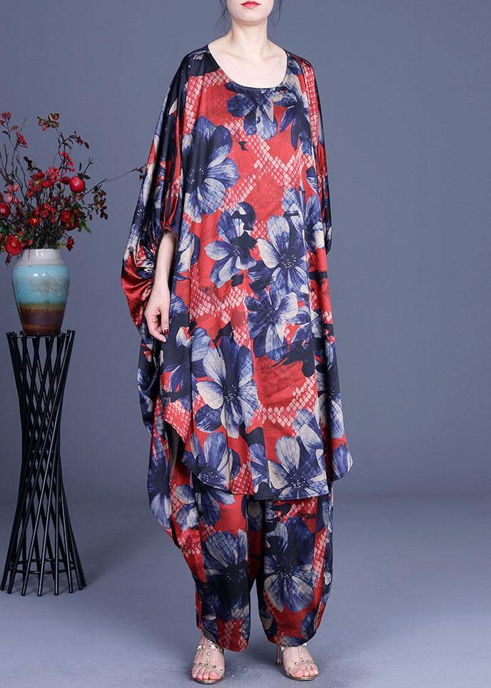 Unique Blue Print Low High Design Silk Wide Leg Two Pieces Set