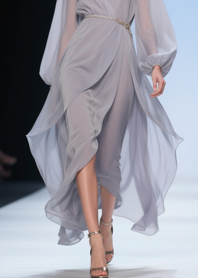 Pale Smoggy Gray V Neck High Waist Chiffon Dress Spring