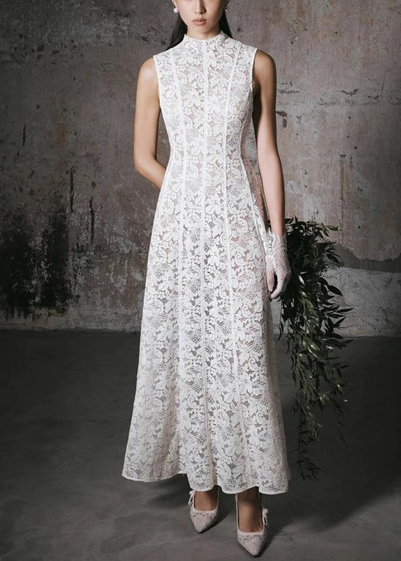 Slim Fit White High Waist Lace Long Dress Sleeveless