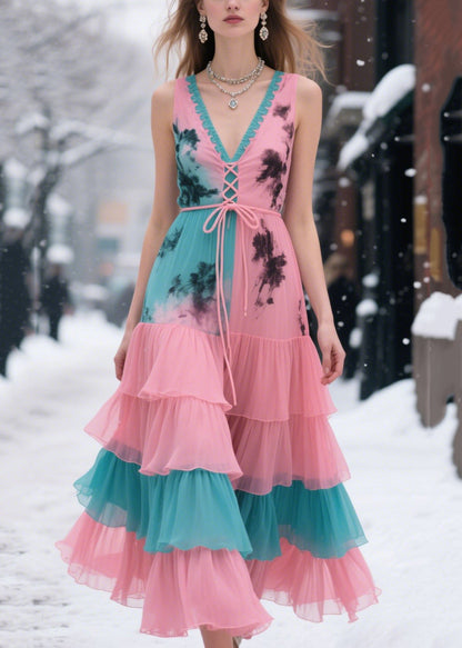 Pink Cross Strap Patchwork Chiffon Holiday Dresses Summer