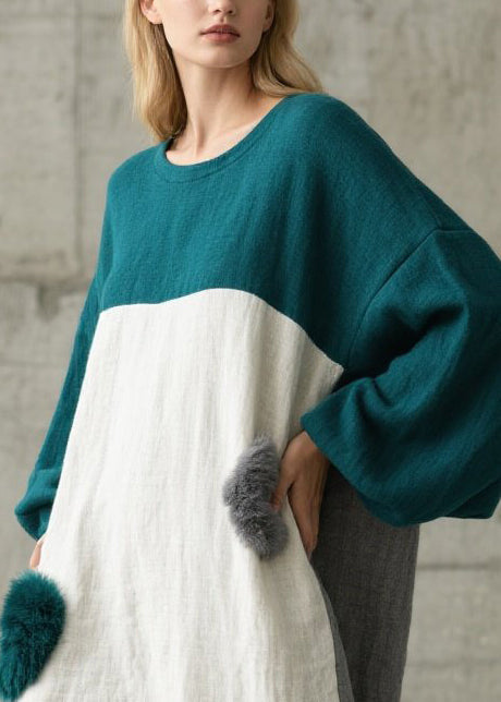 Colorblock Patchwork Cotton Robe Dresses Oversized Fuzzy Ball Decorated Fall