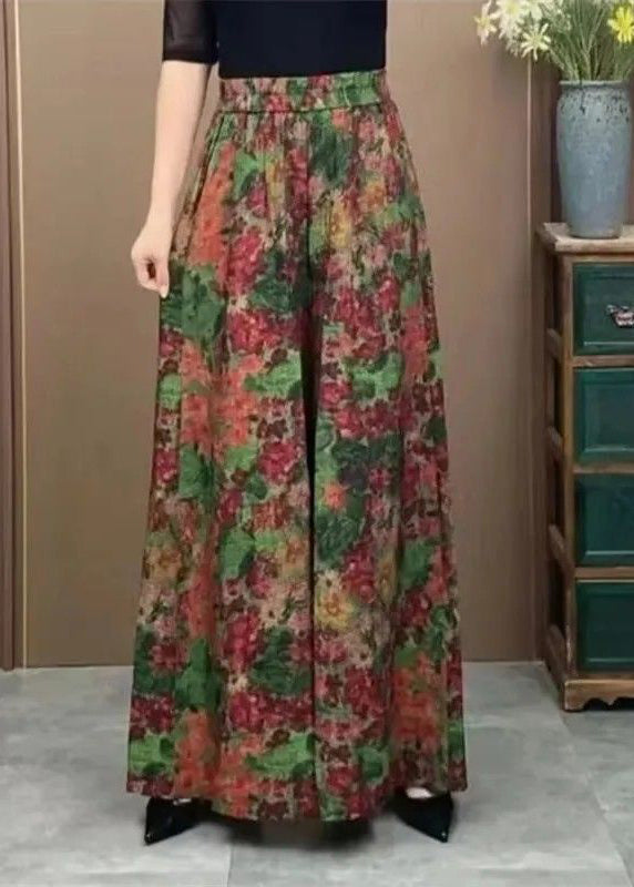 Green Elastic Waist Print Ice Silk Wide Leg Pants