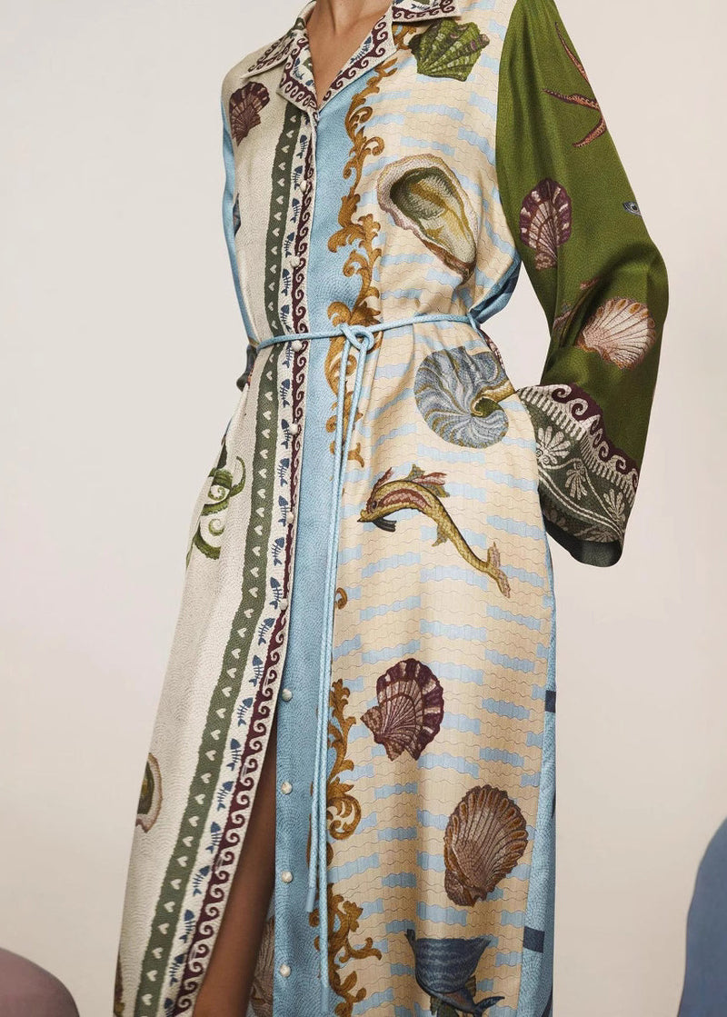 Apricot Peter Pan Collar Print Button Long Shirts Dress Fall