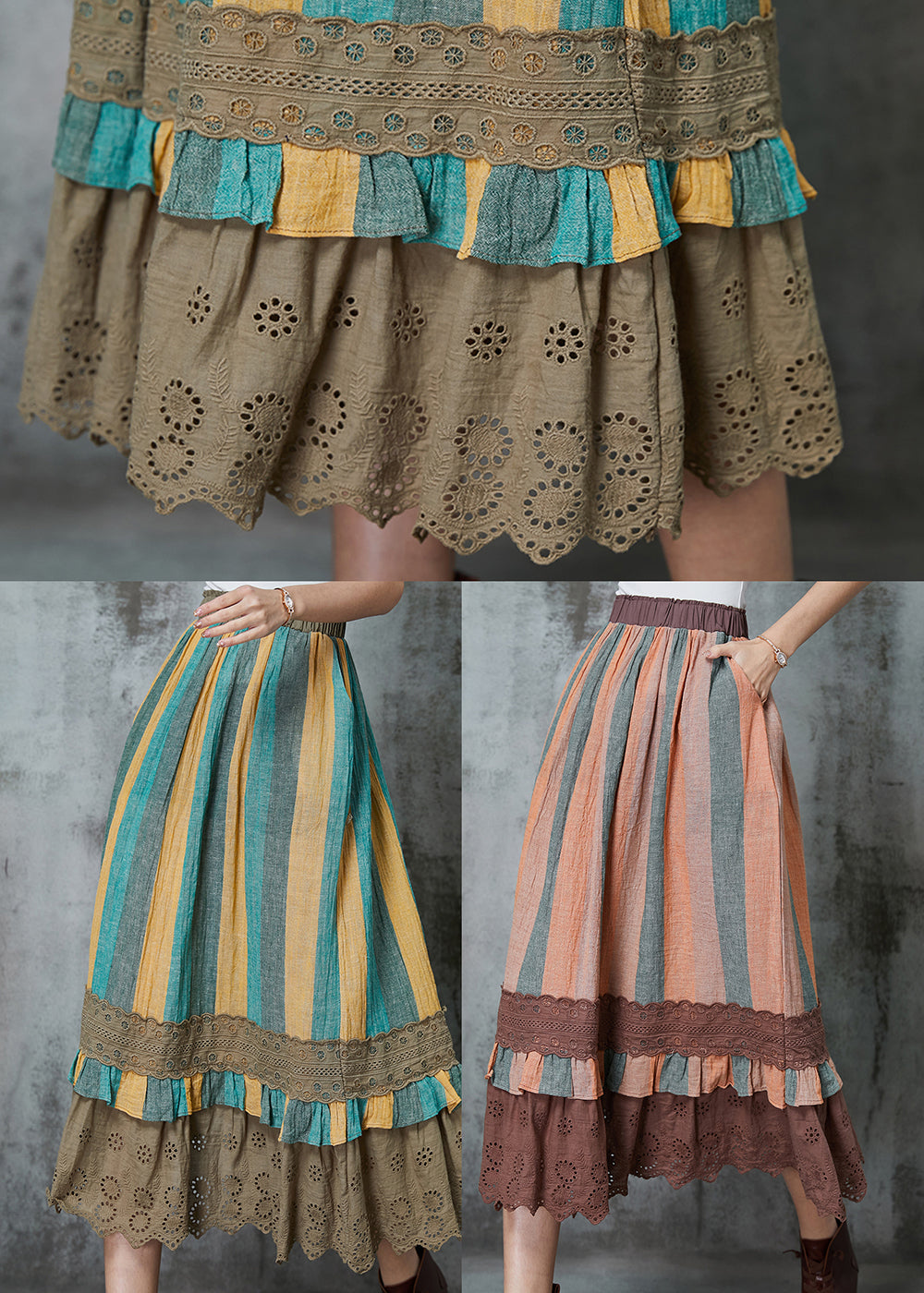 Green Striped Patchwork Linen Skirt Spring