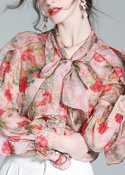 Pink O-neck Ruffled Print Bow Silk Shirt Spring