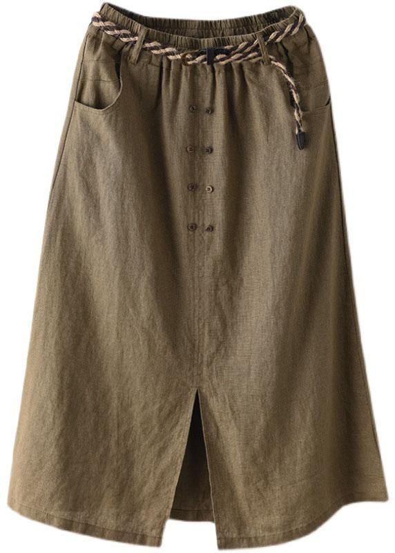 Khaki Asymmetrical Design Patchwork Summer Ramie a Line Skirt