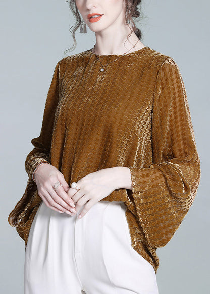 Yellow O Neck Silk Velour T Shirts Flare Sleeve