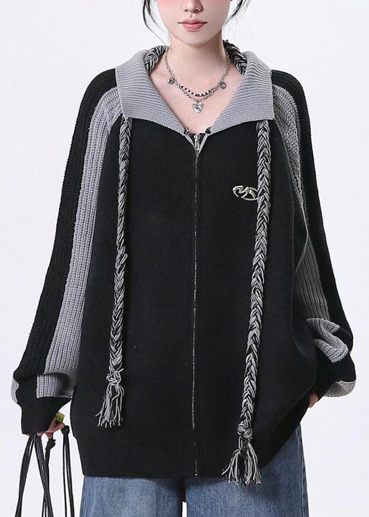 Black Zip Up Patchwork Loose Knit Cardigan Spring