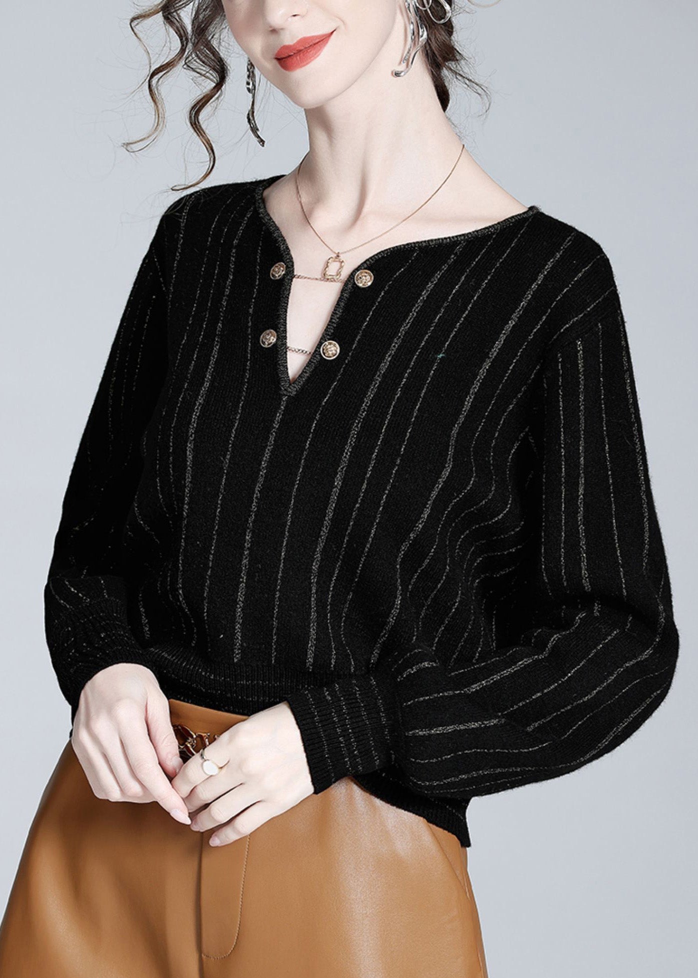 Black V Neck Striped Button Woolen Top Spring