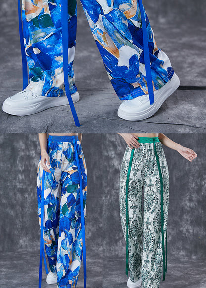 Green Print Ribbon Cotton Straight Pants Fall