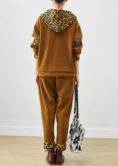Diy Khaki Leopard Patchwork Drawstring Warm Fleece Two Pieces Set Winter